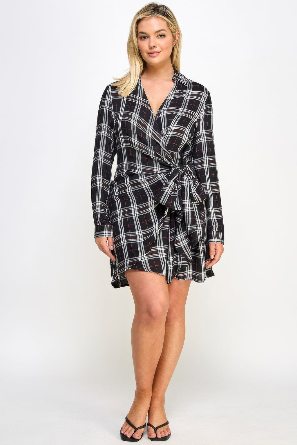 Plaid Side Tie Shirt Dress - Black