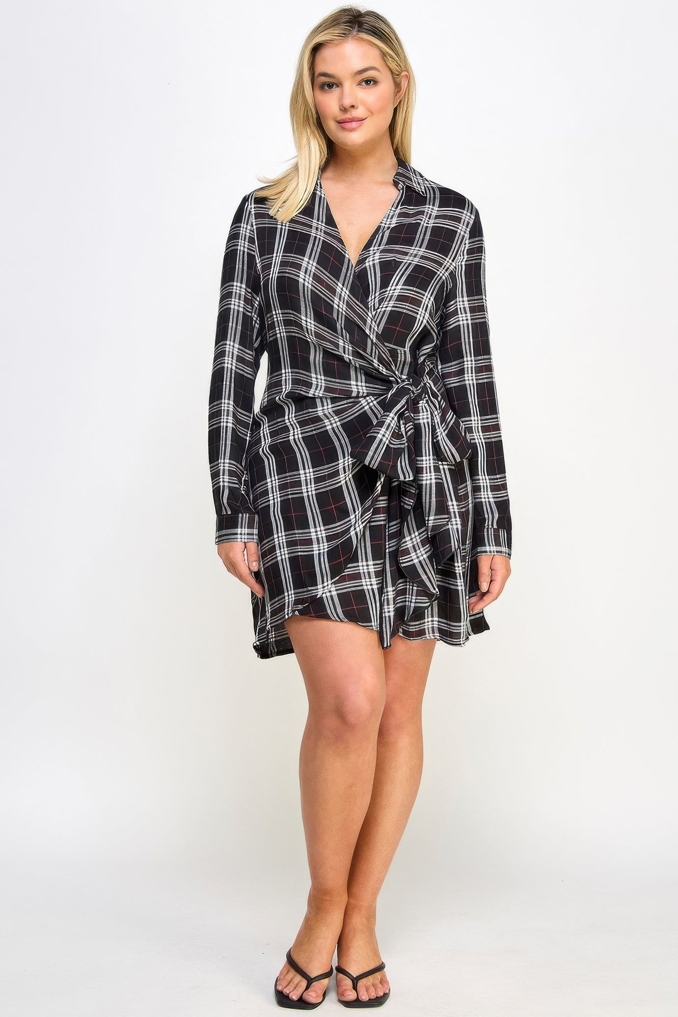 Plaid Side Tie Shirt Dress - Black