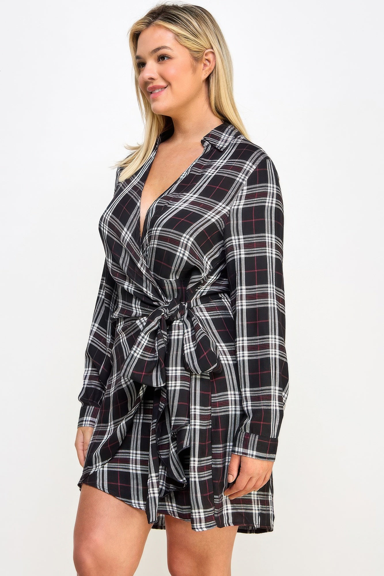 Plaid Side Tie Shirt Dress -