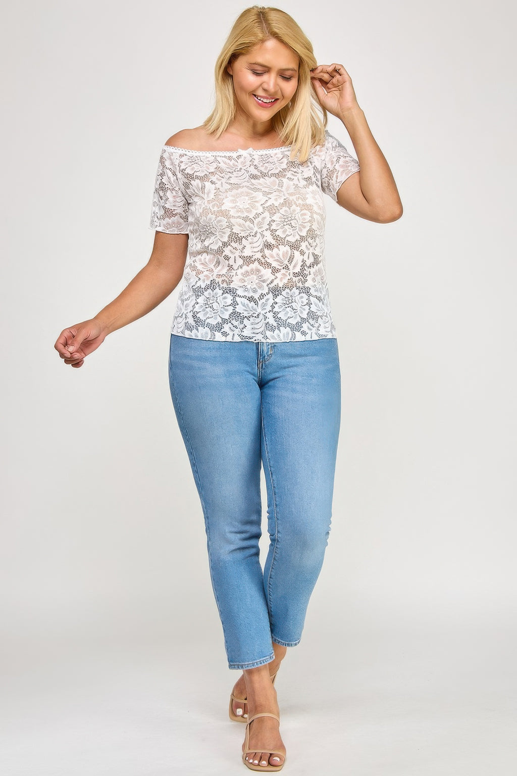 Off Shoulder Lace Scallop Blouse -