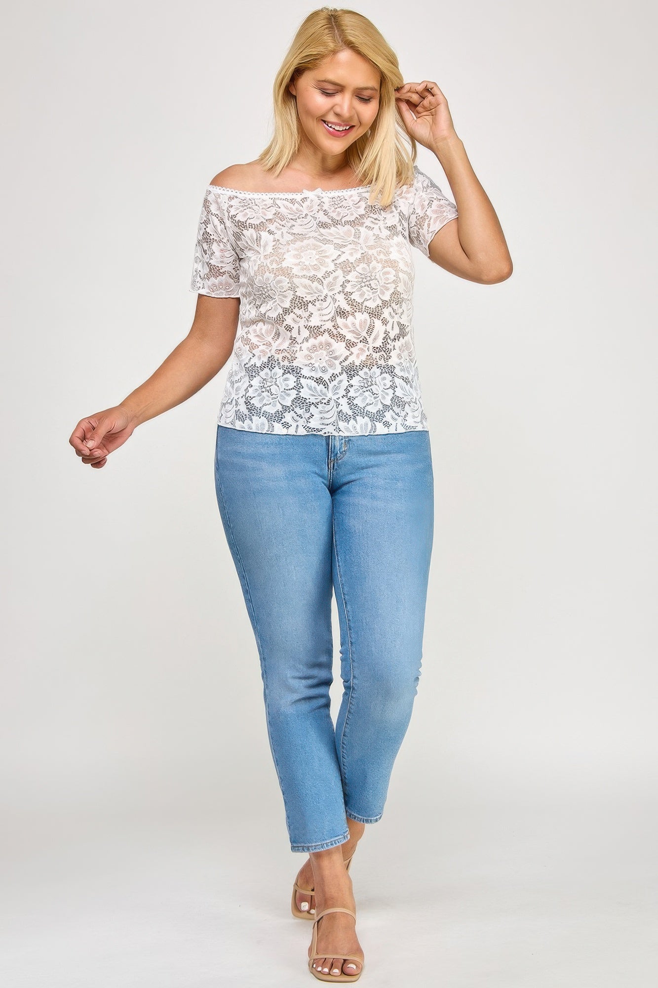 Off Shoulder Lace Scallop Blouse -