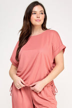 Knit Linen Dolman Ruched Tee -