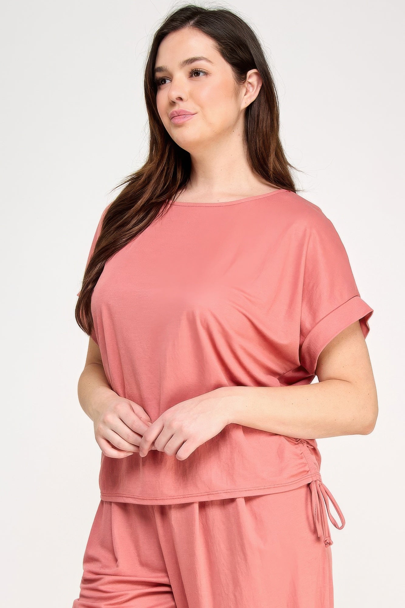 Knit Linen Dolman Ruched Tee -