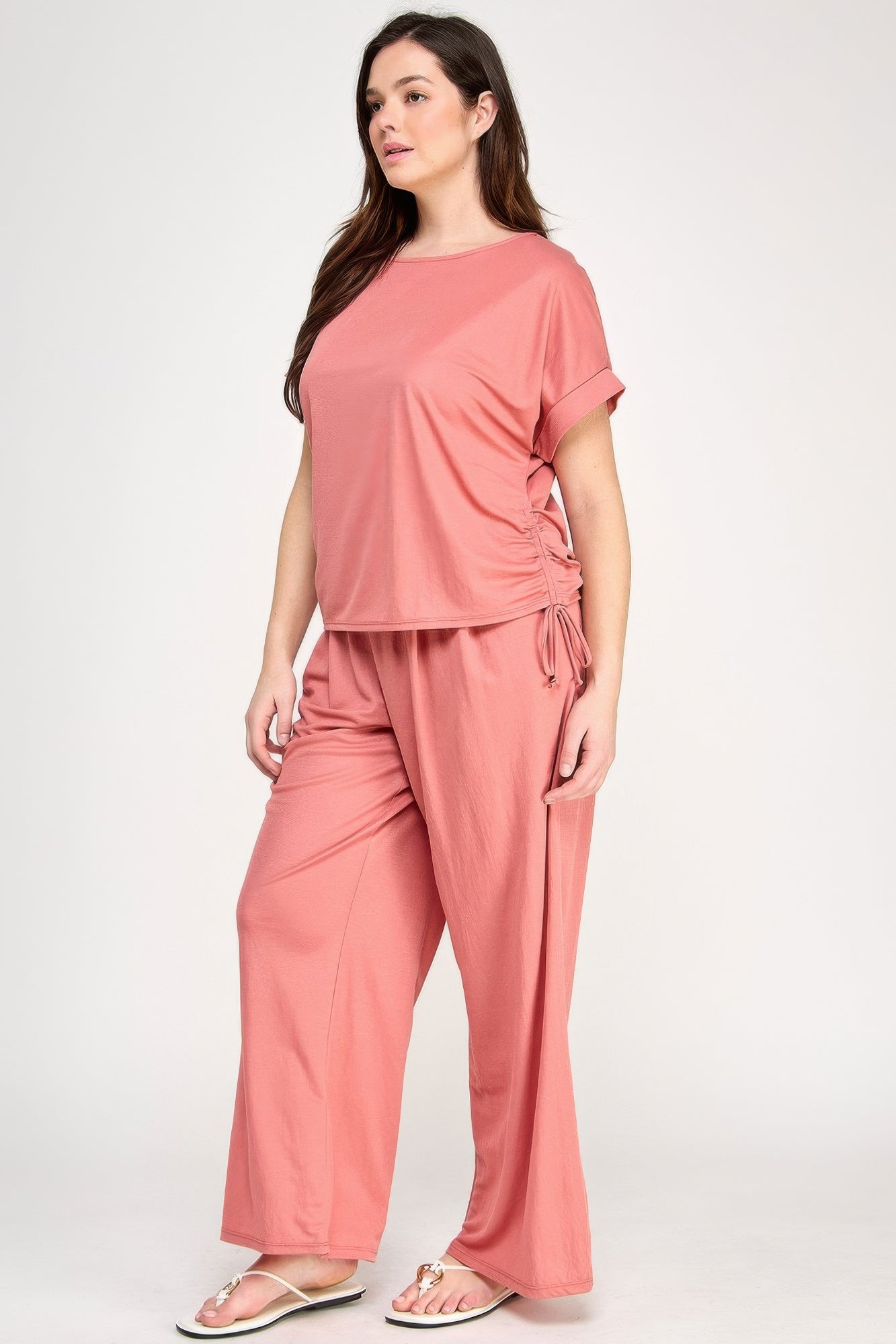 Knit Linen Dolman Ruched Tee -