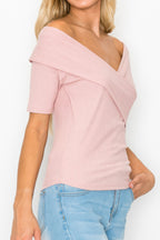 Crisscross Off Shoulder Ribbed Knit Top -