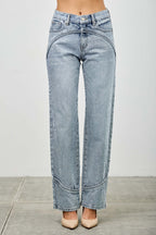 Mid Rise Piped Straight Leg Jeans -