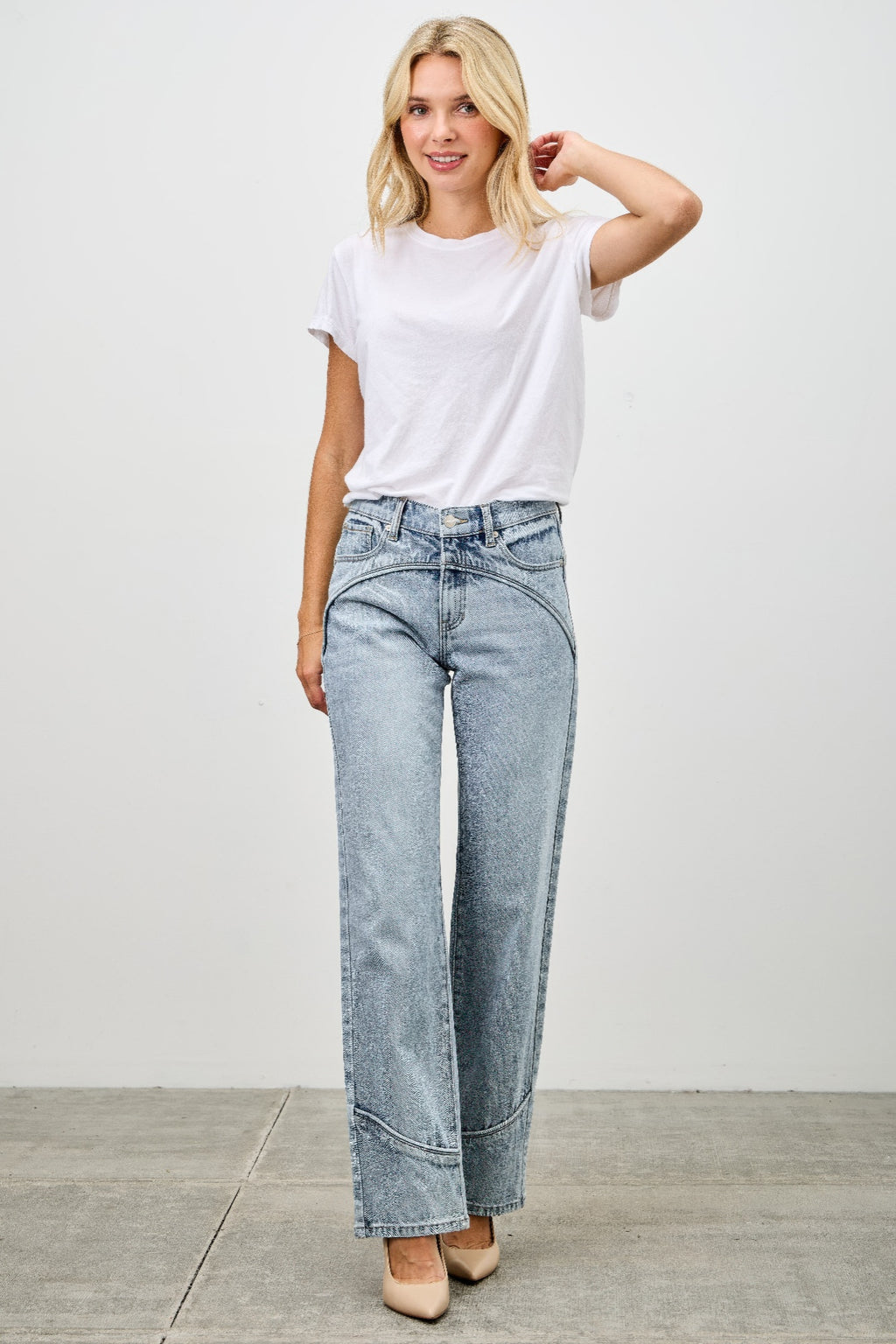 Mid Rise Piped Straight Leg Jeans -