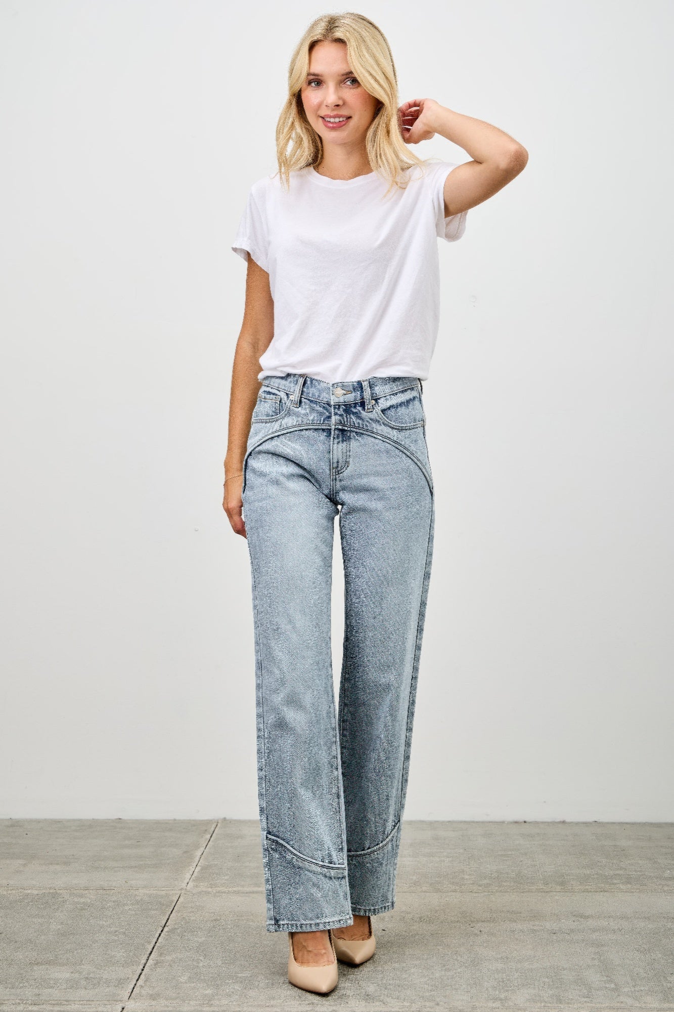 Mid Rise Piped Straight Leg Jeans -
