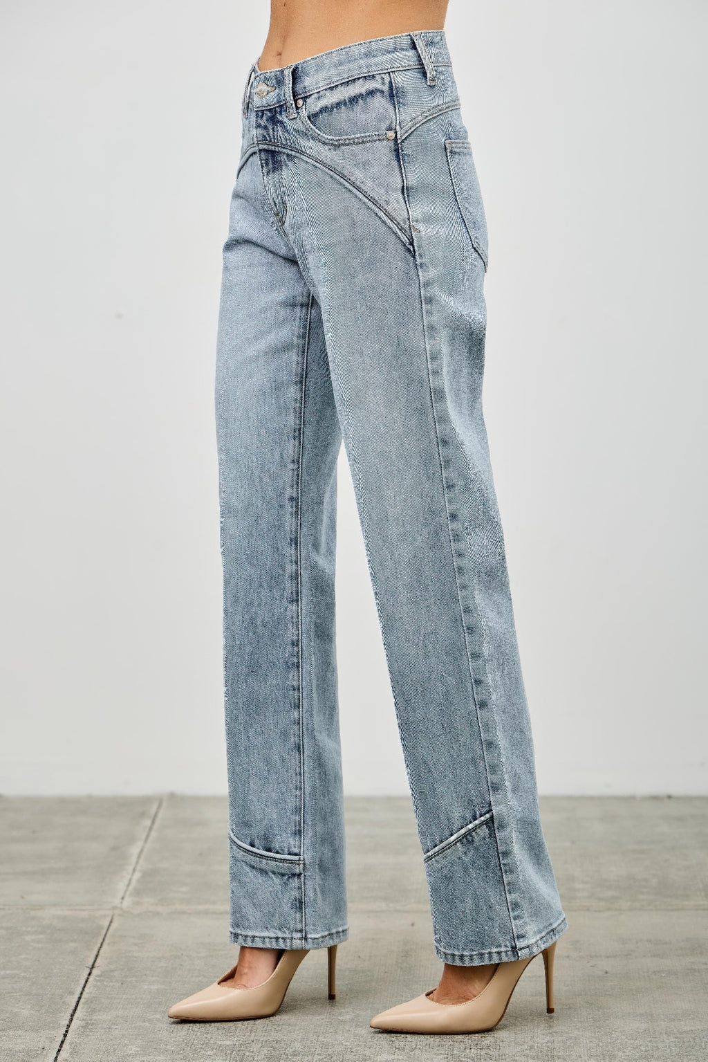 Mid Rise Piped Straight Leg Jeans -