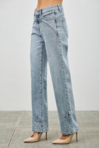 Mid Rise Piped Straight Leg Jeans -