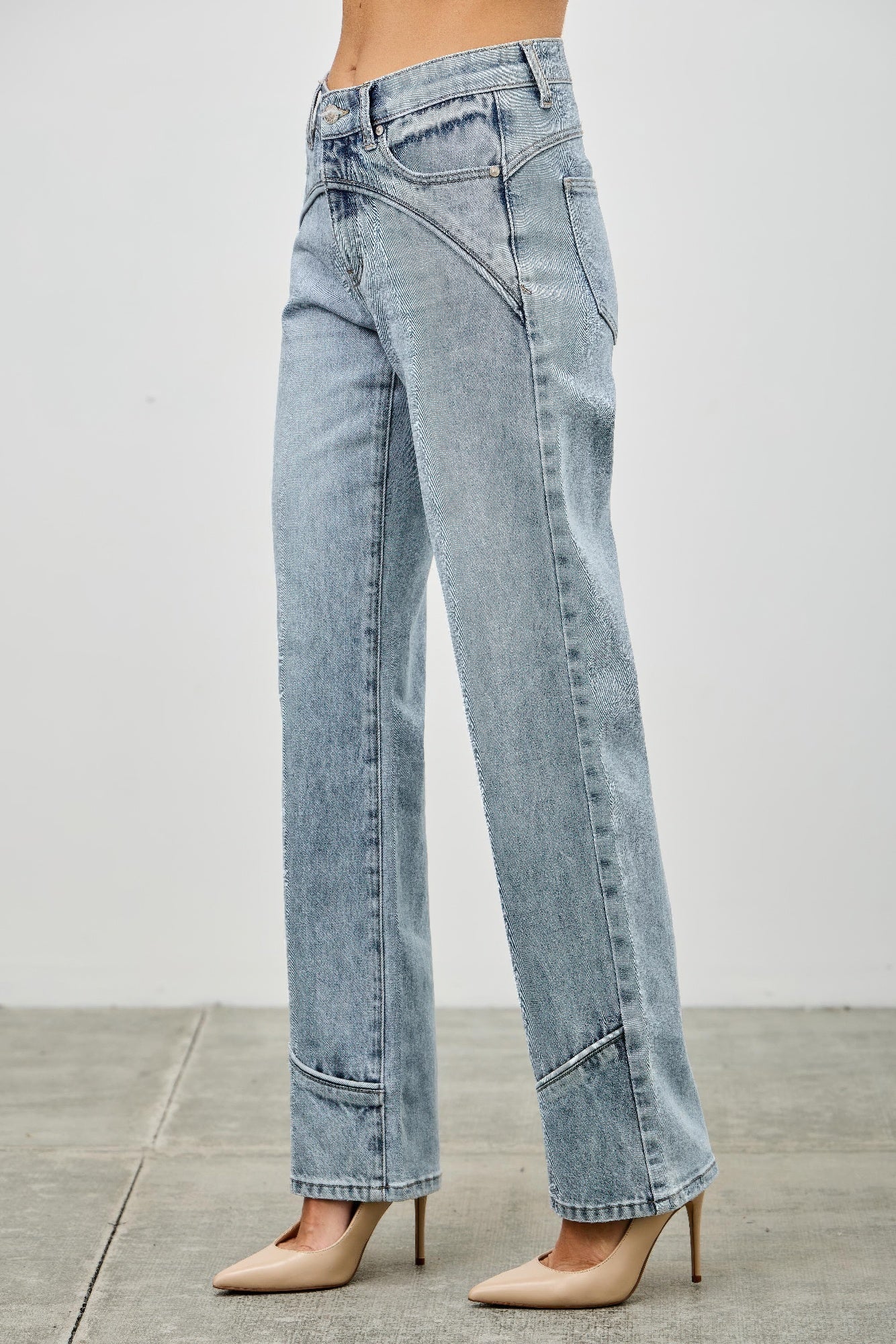 Mid Rise Piped Straight Leg Jeans -