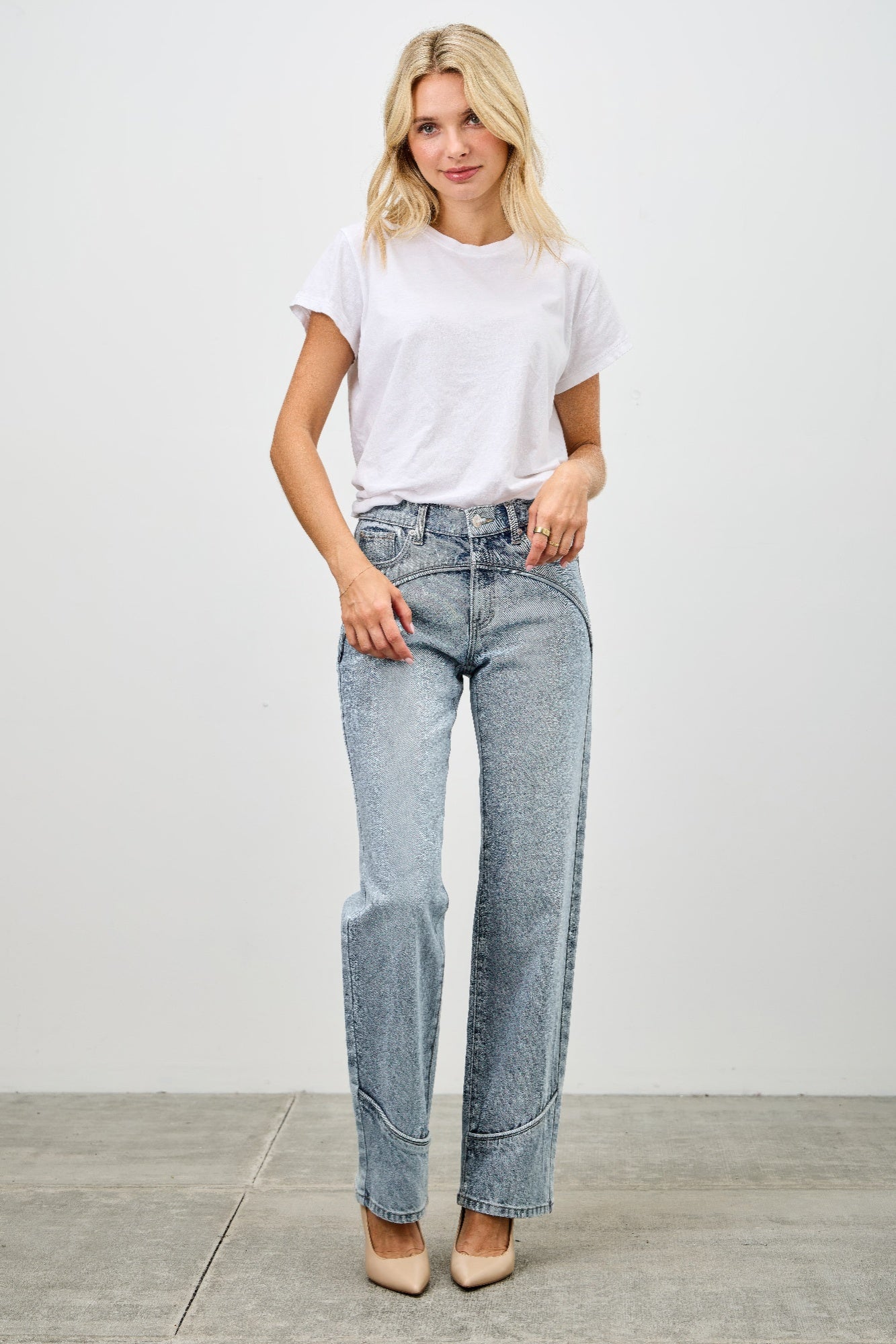 Mid Rise Piped Straight Leg Jeans -