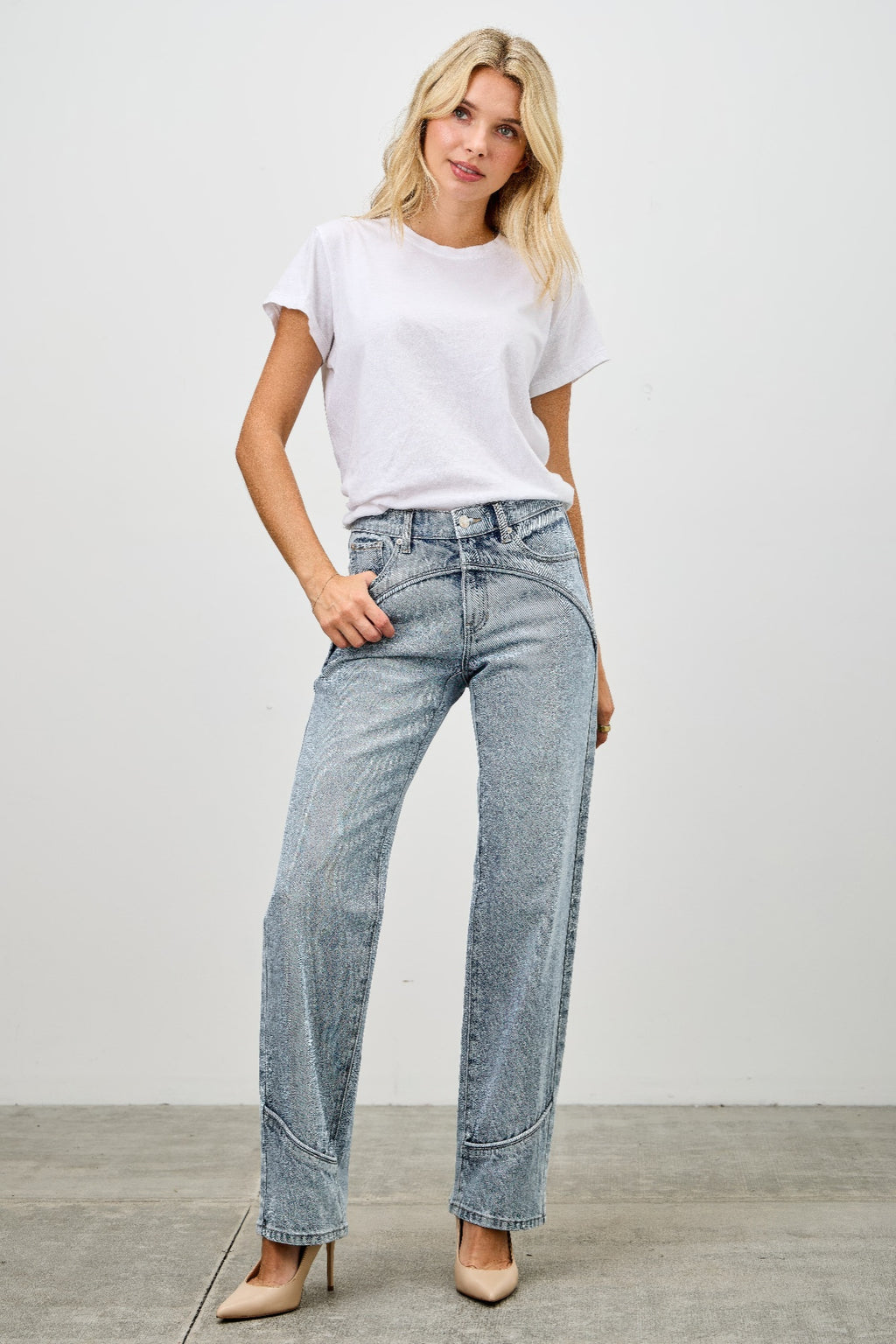 Mid Rise Piped Straight Leg Jeans -