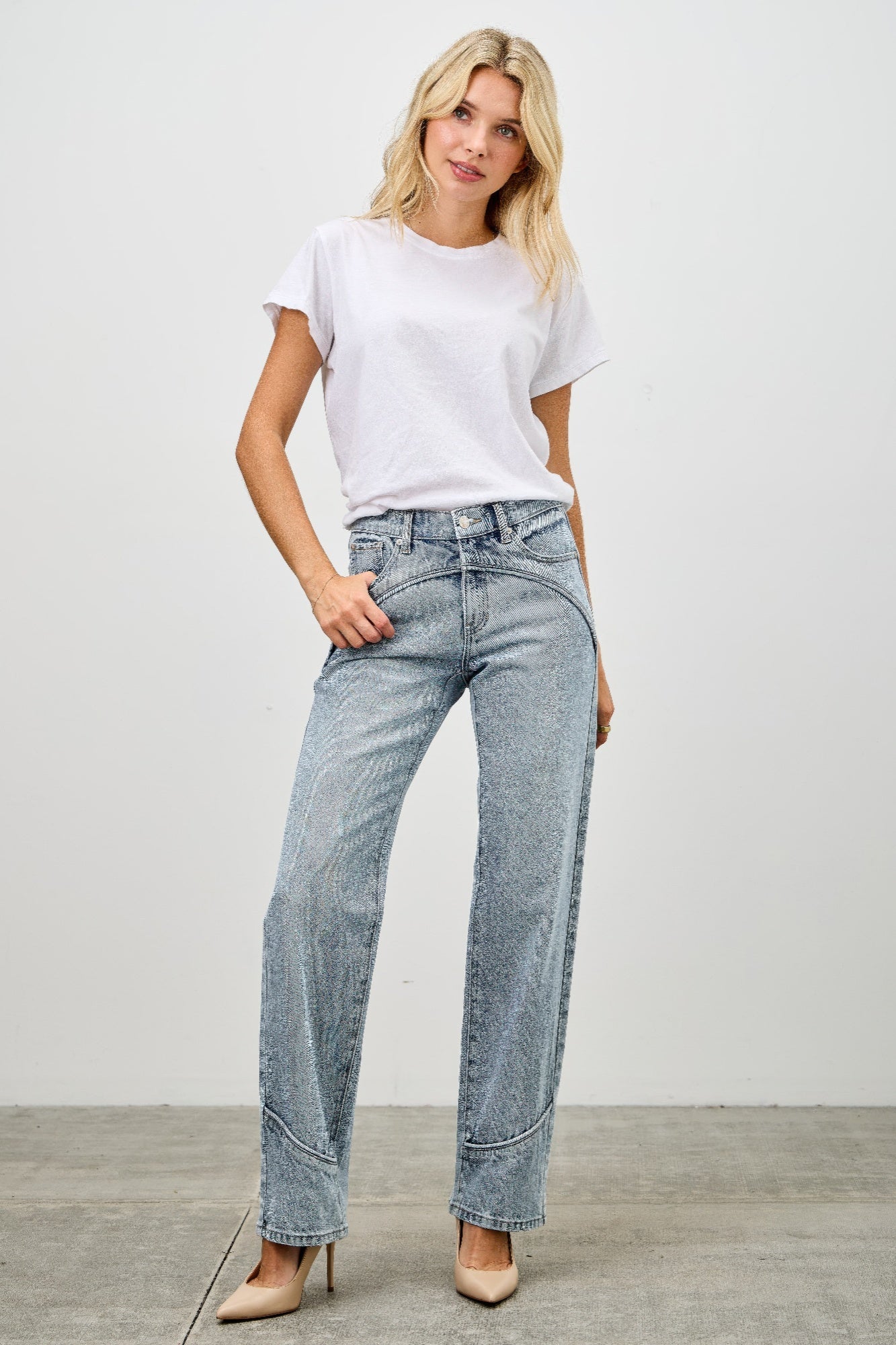 Mid Rise Piped Straight Leg Jeans -
