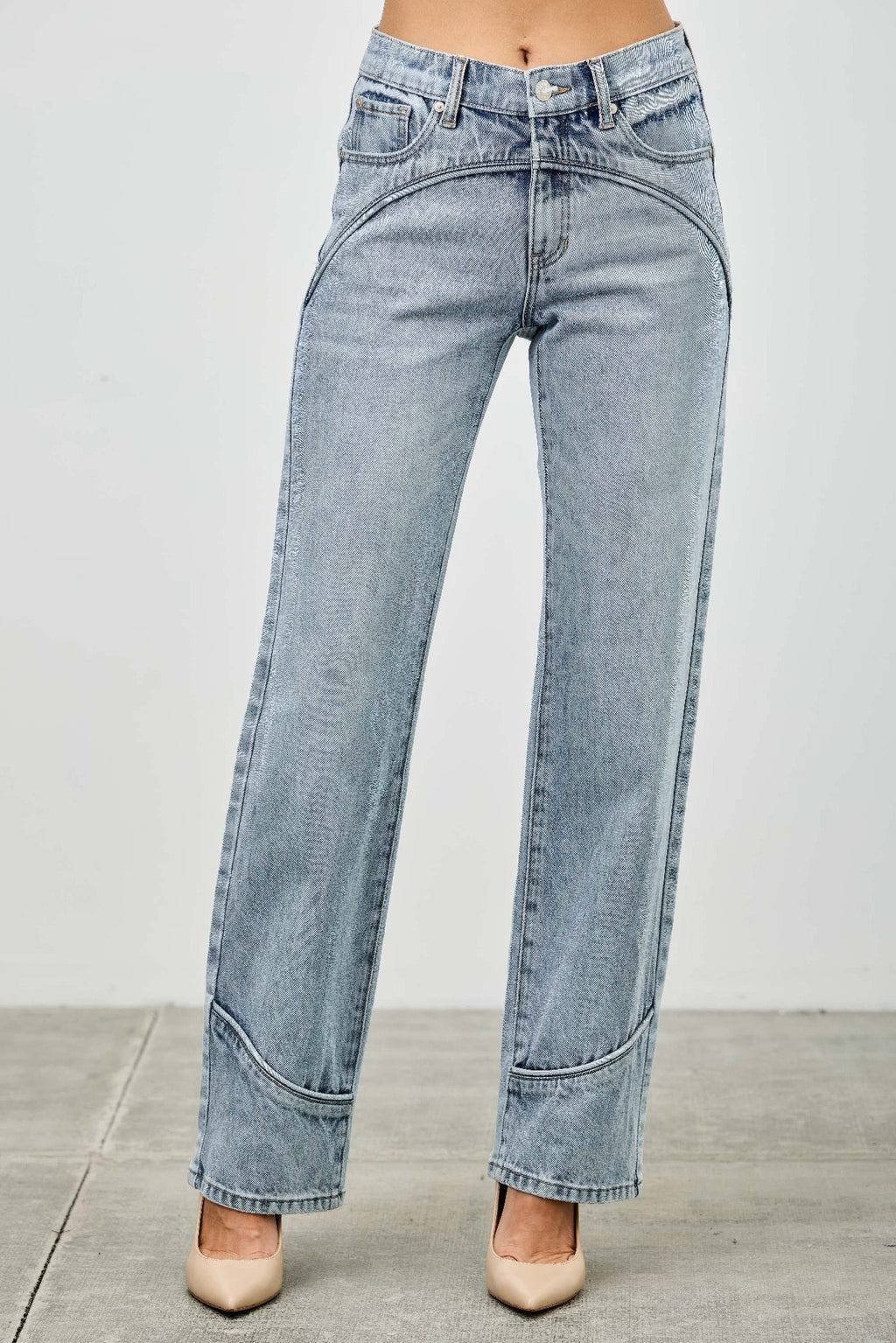 Mid Rise Piped Straight Leg Jeans -