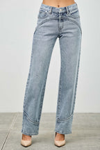Mid Rise Piped Straight Leg Jeans -