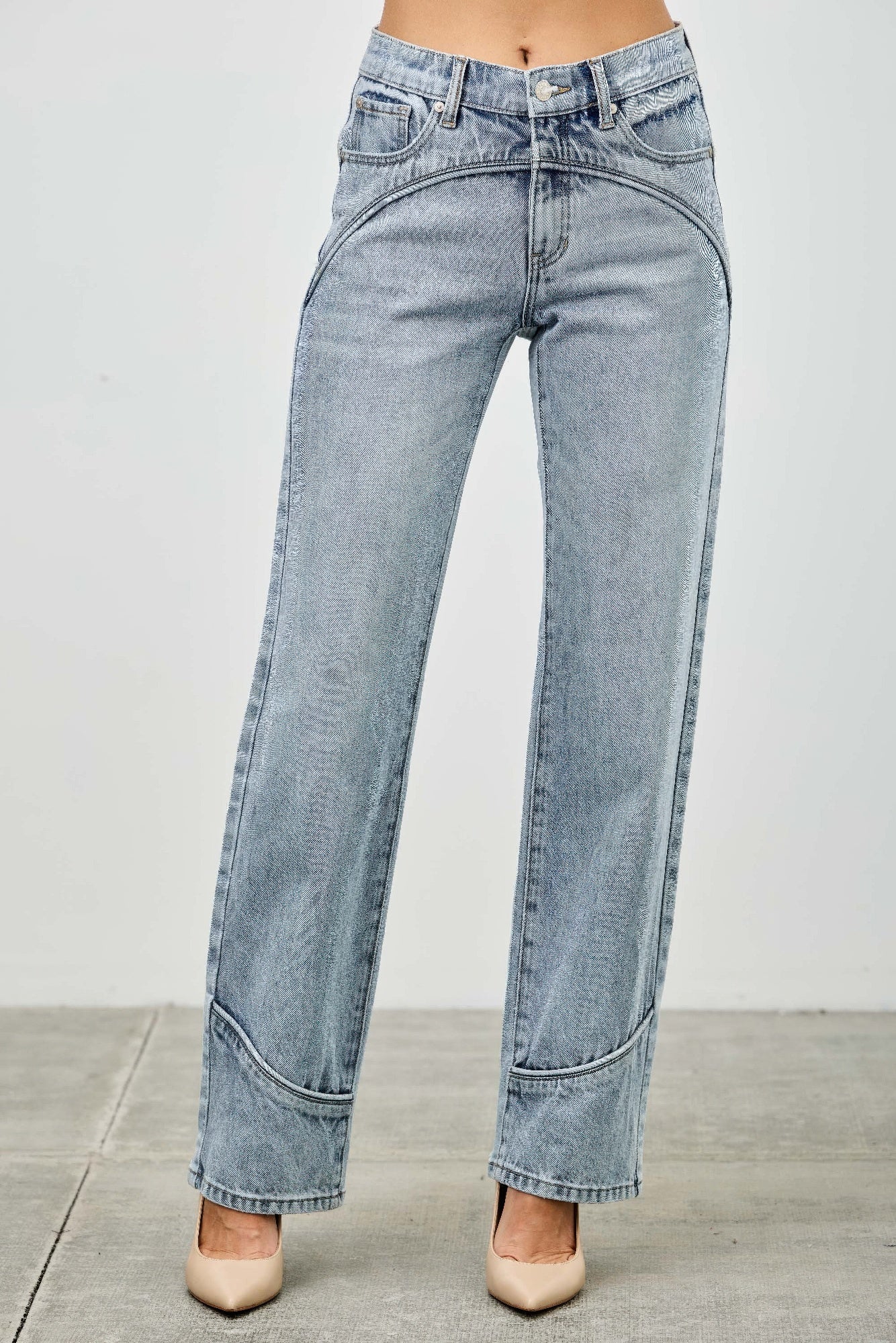 Mid Rise Piped Straight Leg Jeans -