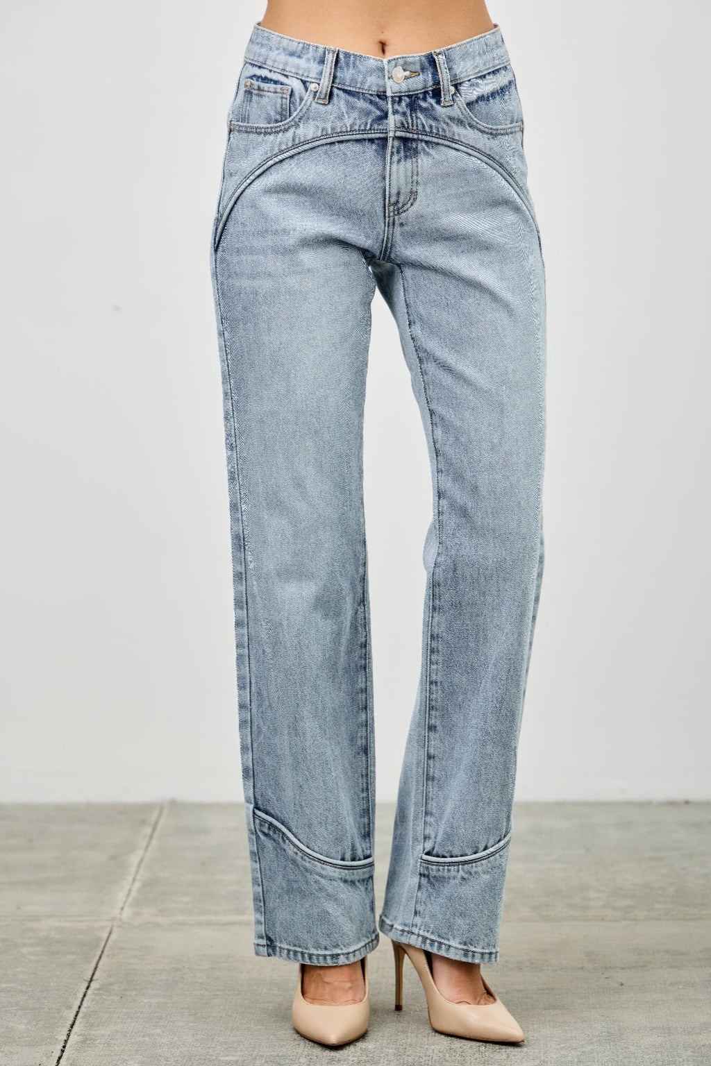 Mid Rise Piped Straight Leg Jeans -