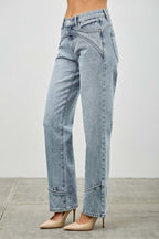 Mid Rise Piped Straight Leg Jeans -