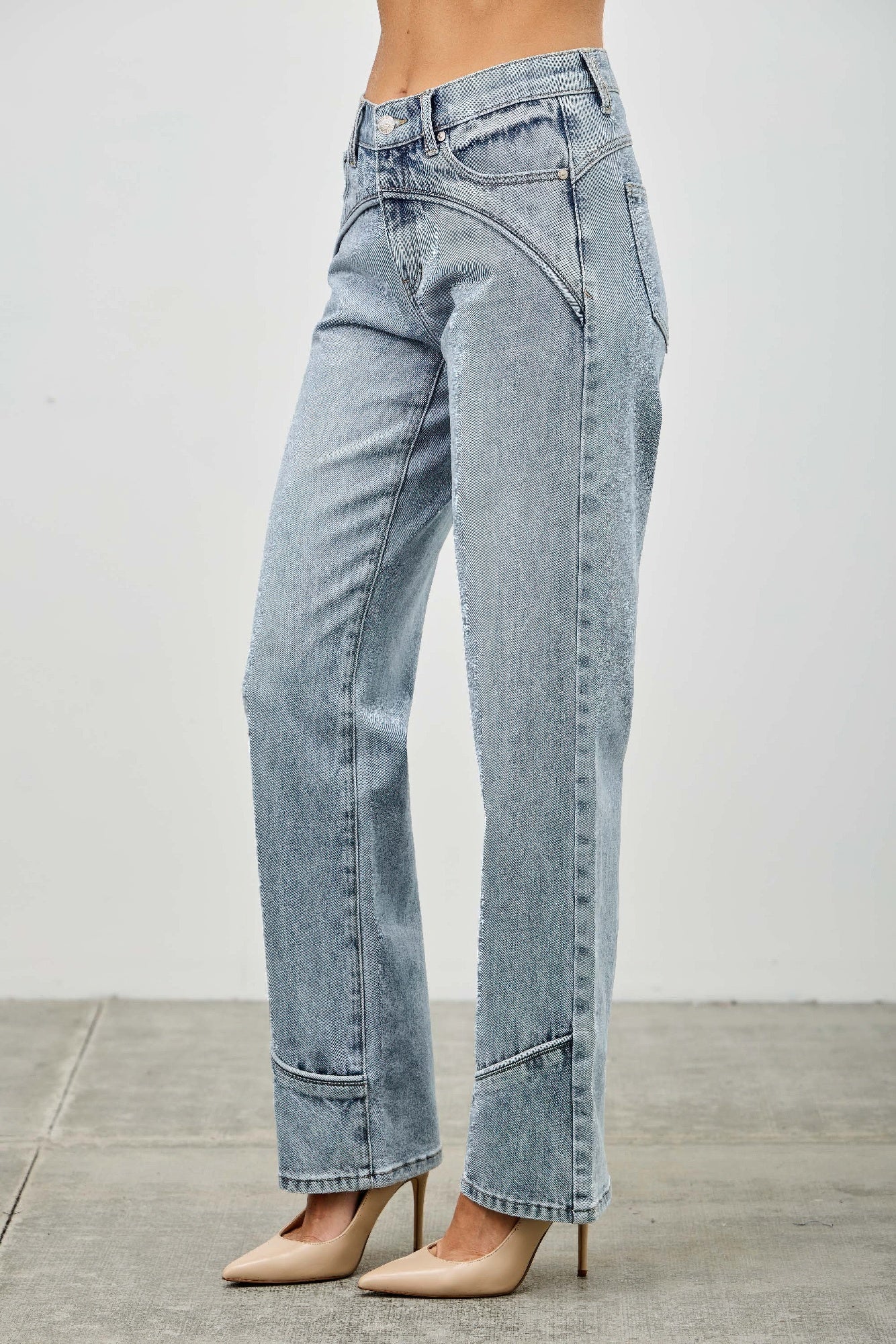 Mid Rise Piped Straight Leg Jeans -