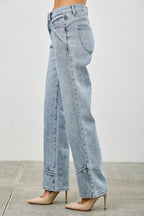 Mid Rise Piped Straight Leg Jeans -