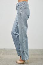 Mid Rise Piped Straight Leg Jeans -