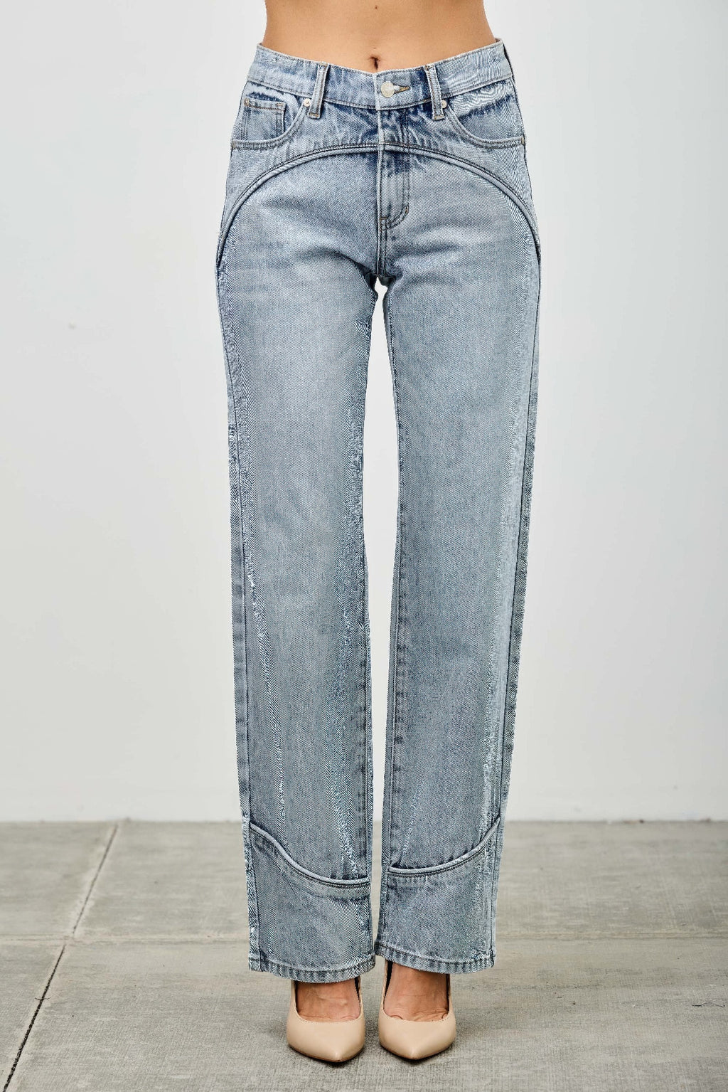 Mid Rise Piped Straight Leg Jeans -