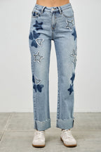 High Rise Star-Heart Patch Dad Jeans -