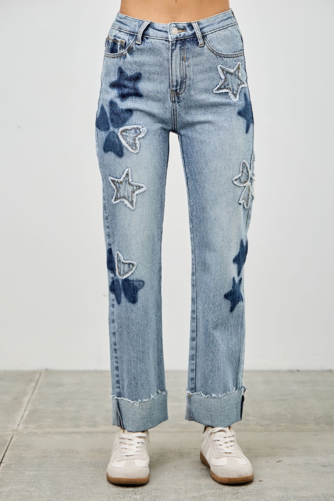 High Rise Star-Heart Patch Dad Jeans -