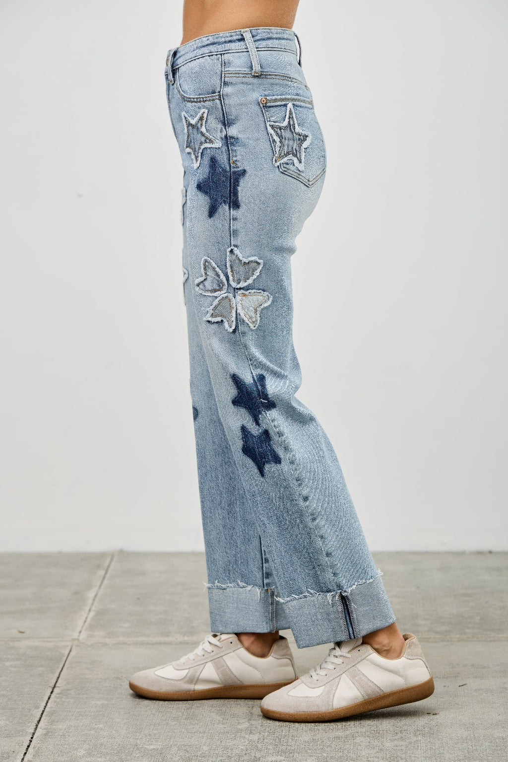 High Rise Star-Heart Patch Dad Jeans -