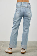High Rise Star-Heart Patch Dad Jeans -