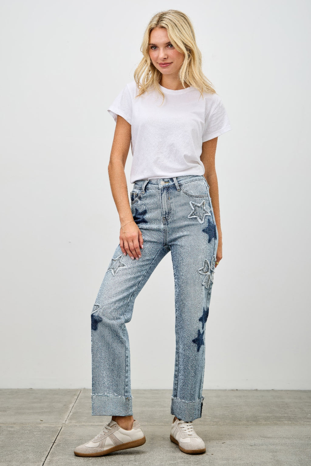High Rise Star-Heart Patch Dad Jeans -