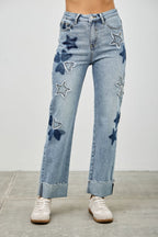 High Rise Star-Heart Patch Dad Jeans -