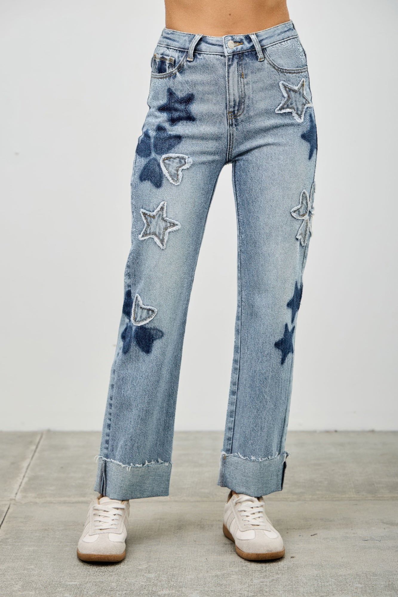 High Rise Star-Heart Patch Dad Jeans -