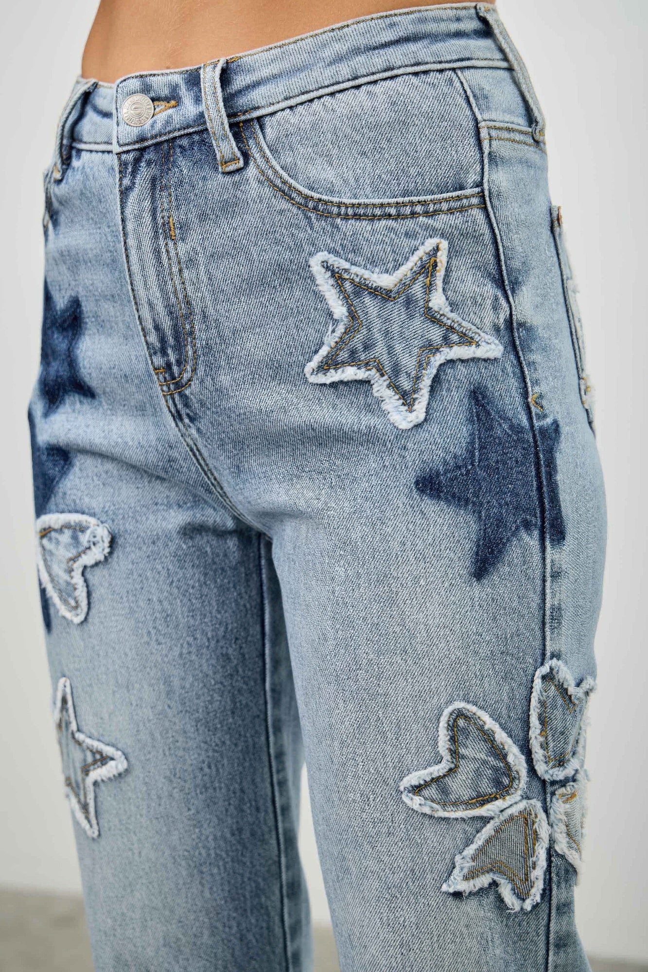 High Rise Star-Heart Patch Dad Jeans -