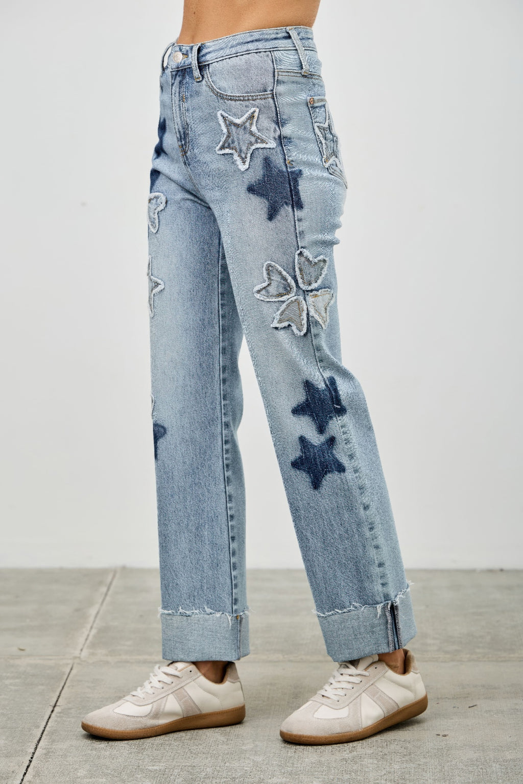 High Rise Star-Heart Patch Dad Jeans -