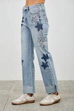 High Rise Star-Heart Patch Dad Jeans -