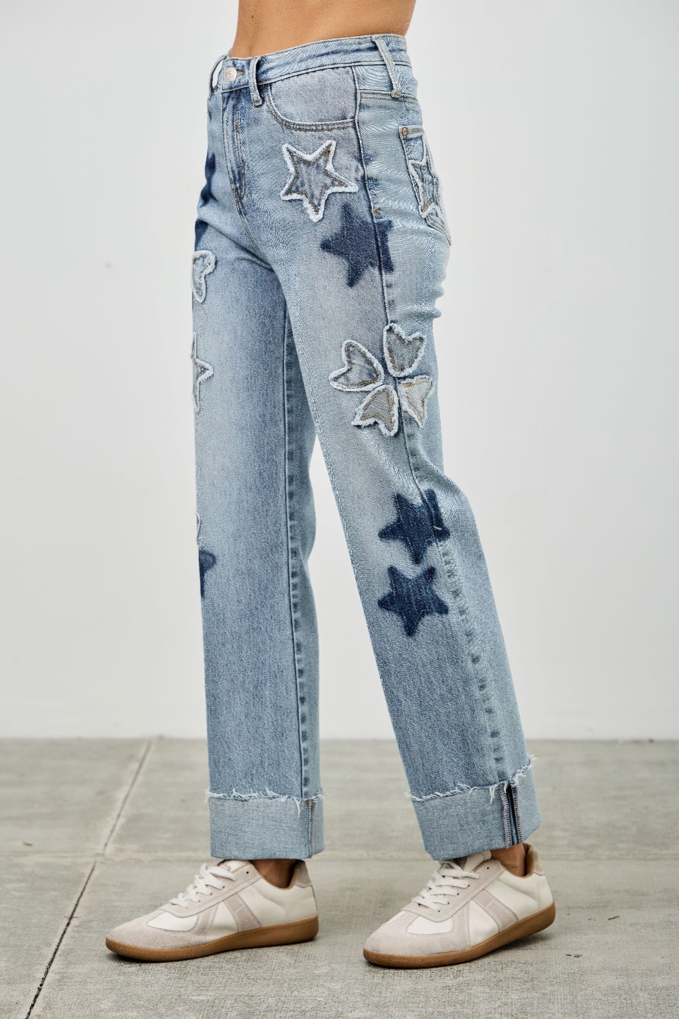 High Rise Star-Heart Patch Dad Jeans -