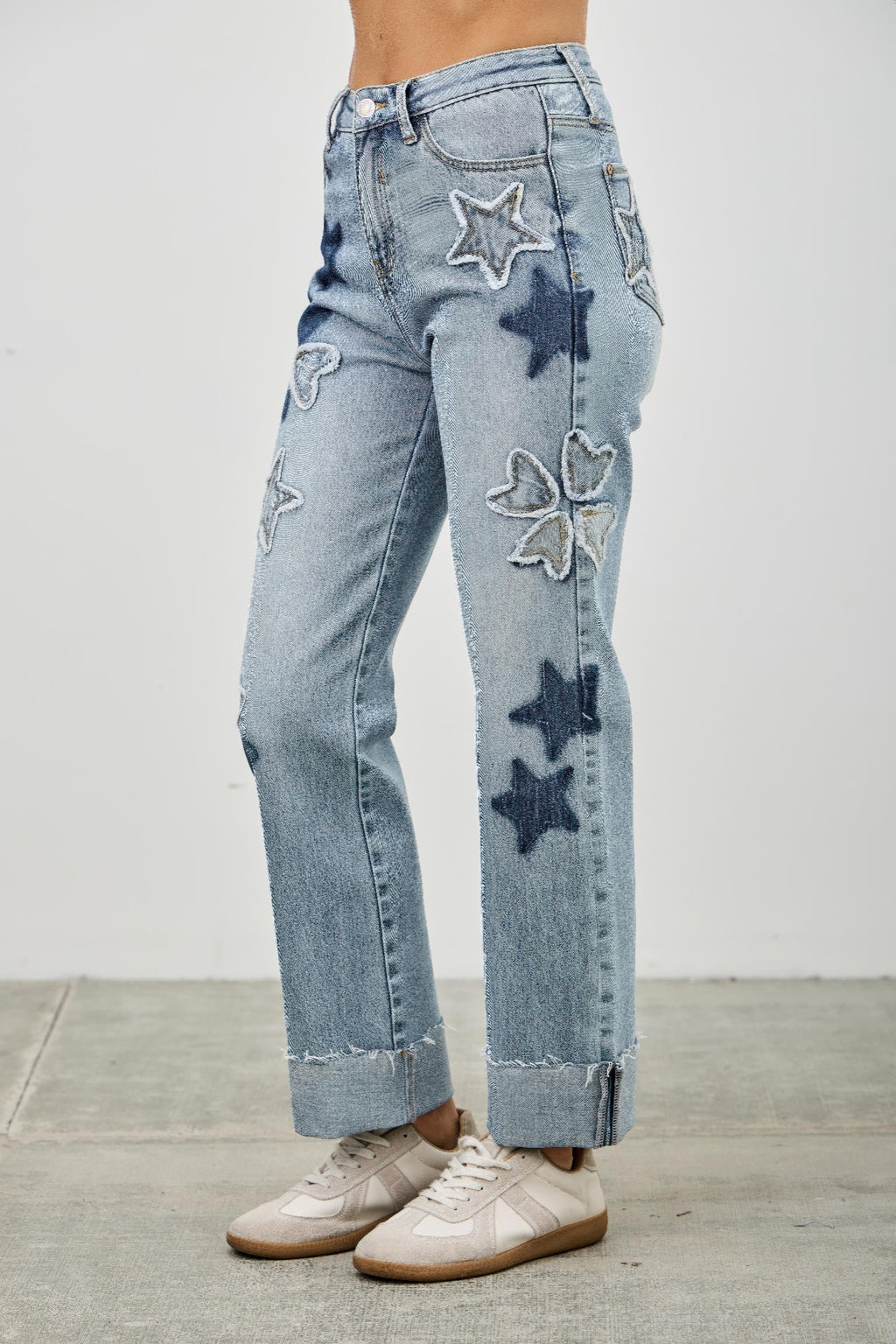 High Rise Star-Heart Patch Dad Jeans -