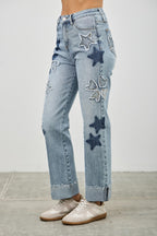 High Rise Star-Heart Patch Dad Jeans -