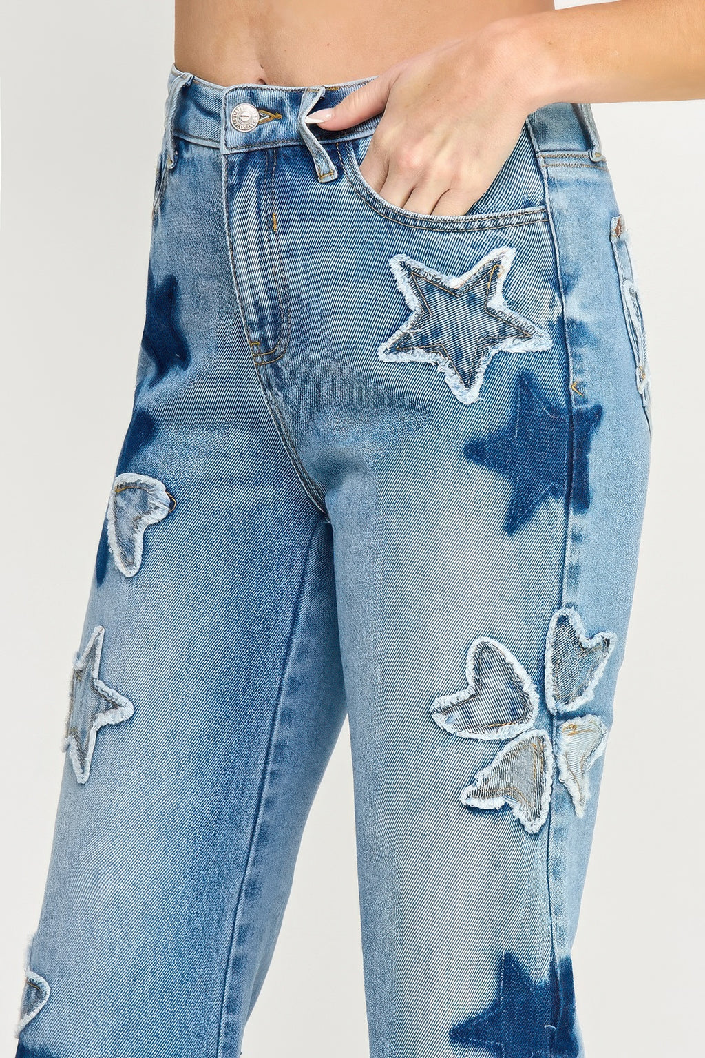 High Rise Star-Heart Patch Dad Jeans -