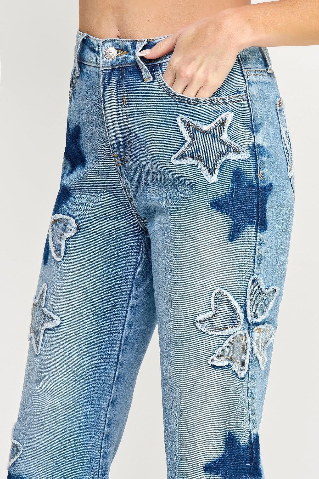 High Rise Star-Heart Patch Dad Jeans -