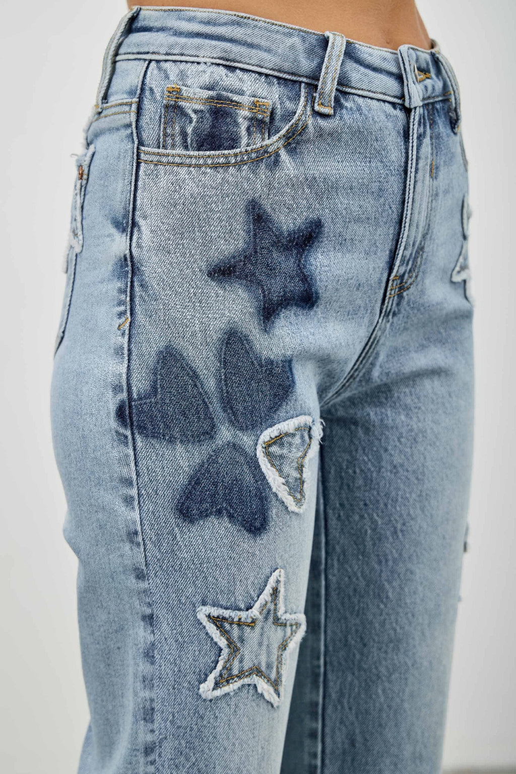 High Rise Star-Heart Patch Dad Jeans -