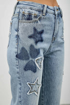 High Rise Star-Heart Patch Dad Jeans -