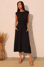 Elastic Ruched Matte Crepe Midi Dress - Black