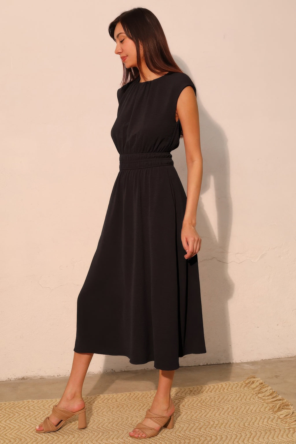 Elastic Ruched Matte Crepe Midi Dress -