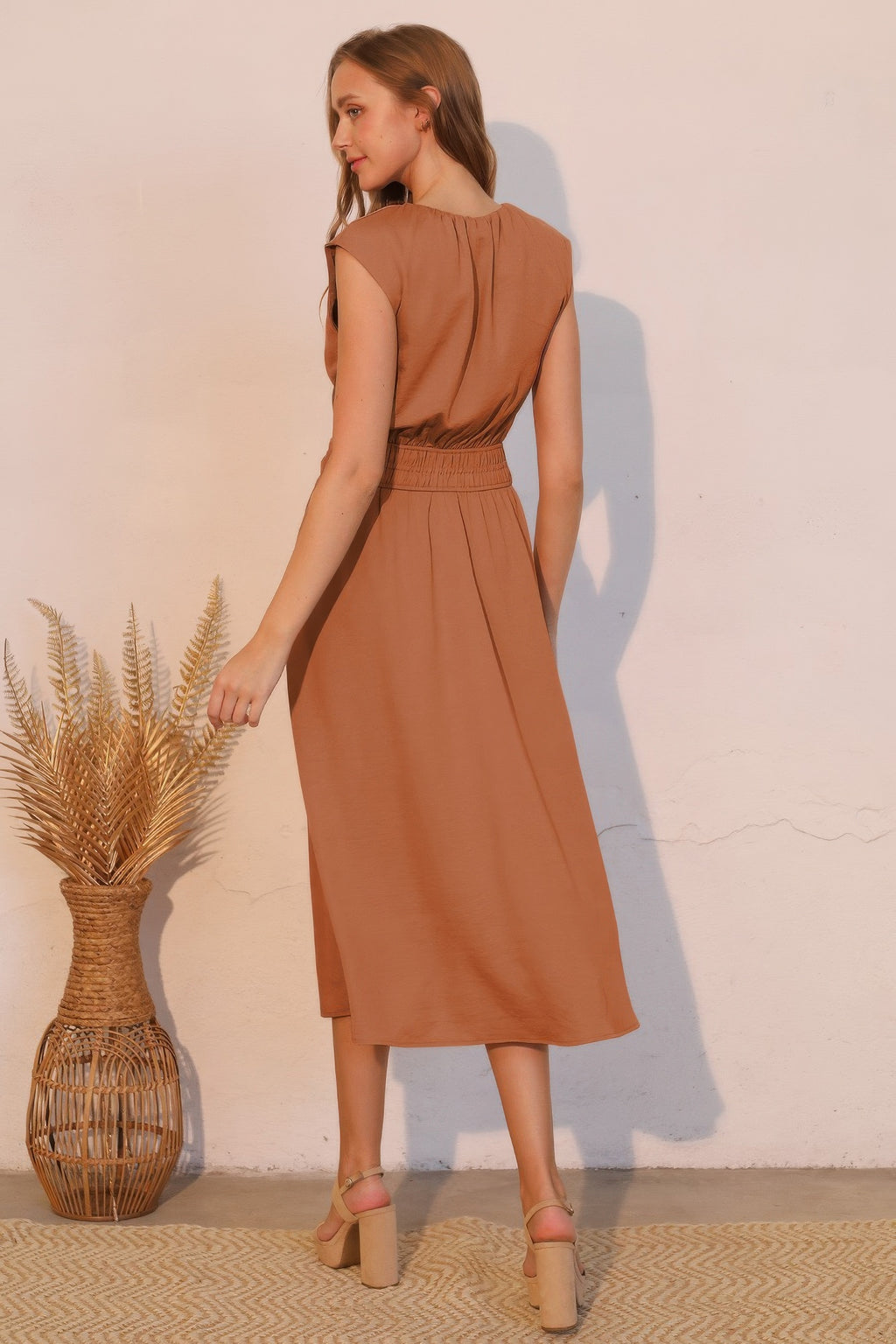 Elastic Ruched Matte Crepe Midi Dress -