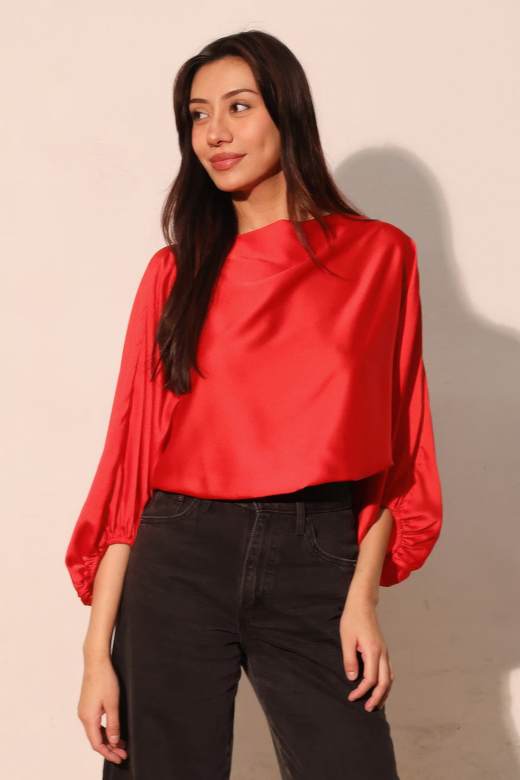 Satin Blouson Boat Neck Blouse -