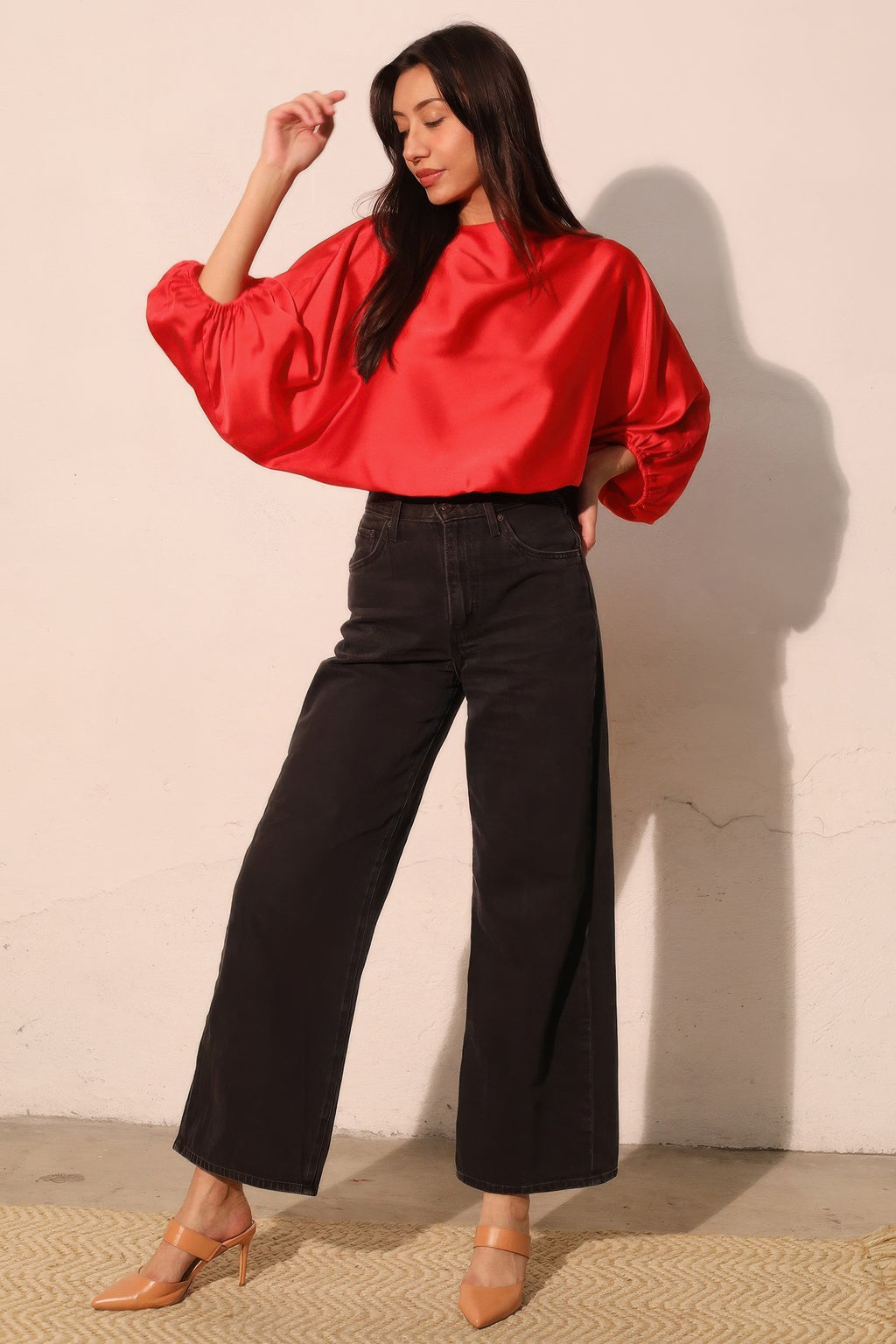 Satin Blouson Boat Neck Blouse -