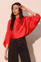 Satin Blouson Boat Neck Blouse -